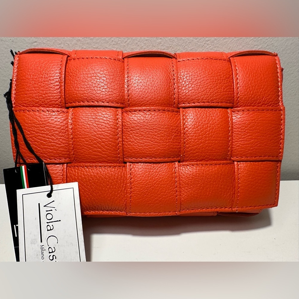 VIOLA CASTELLANI Papaya Leather Padded Woven Crossbody Made In Italy